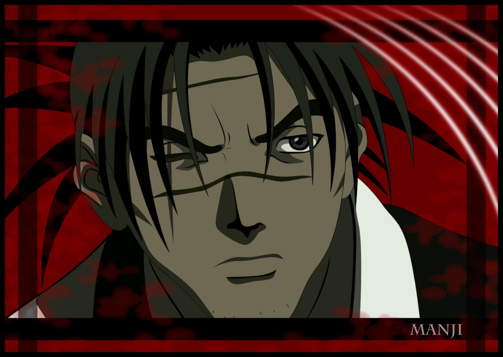 HD PC desktop wallpaper featuring a close-up of a serious character from the anime Blade of the Immortal, set against a dark red and black stylized background.
