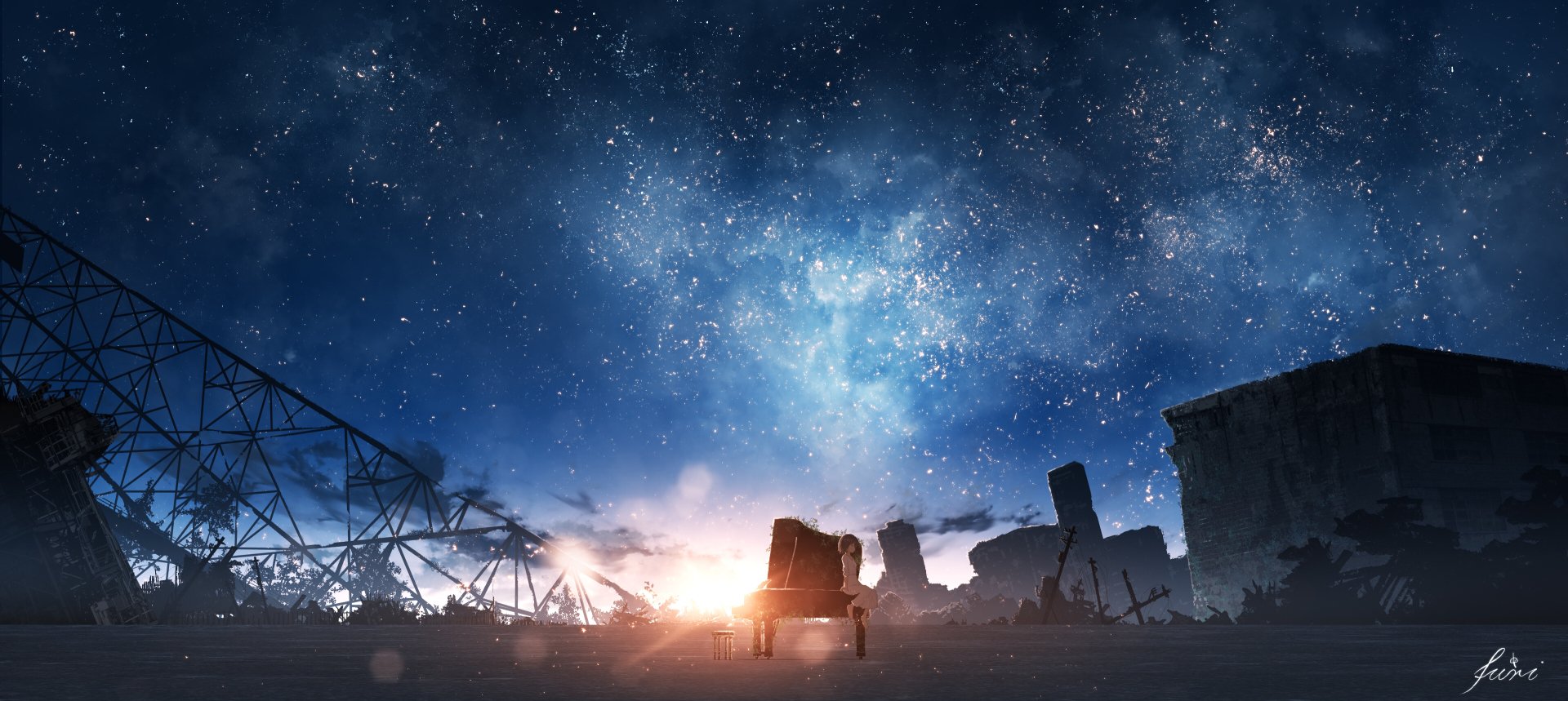 Anime-style HD desktop wallpaper of a grand piano silhouetted against a starry night sky, blending serene nightscape and original anime art.