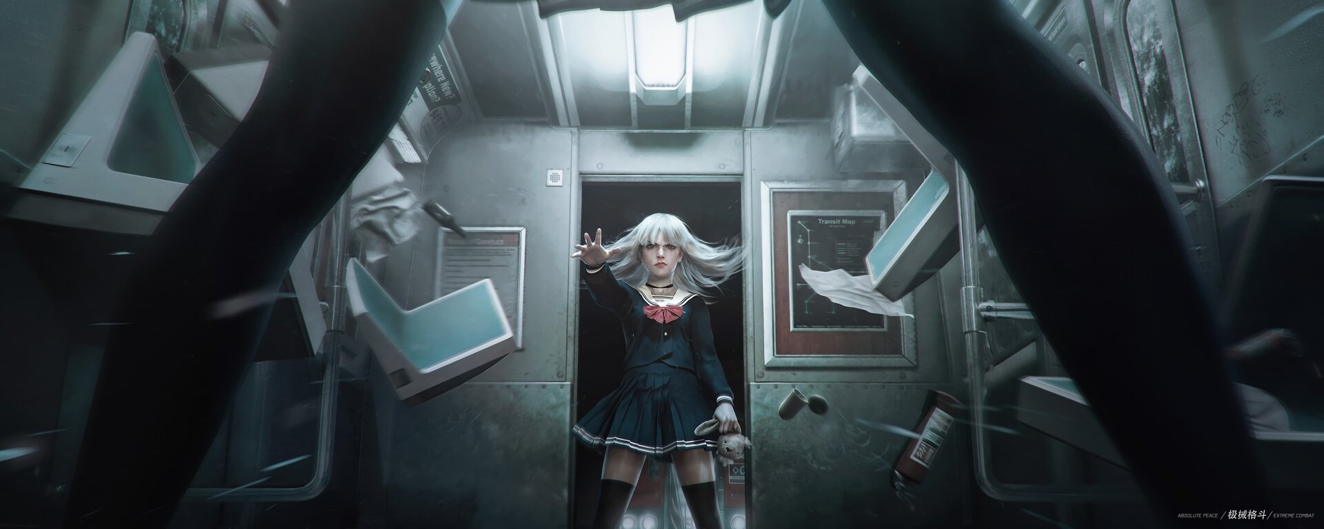 Anime-style woman with white hair and skirt inside a dimly lit train carriage, reaching forward as objects float around her in this HD PC desktop wallpaper.