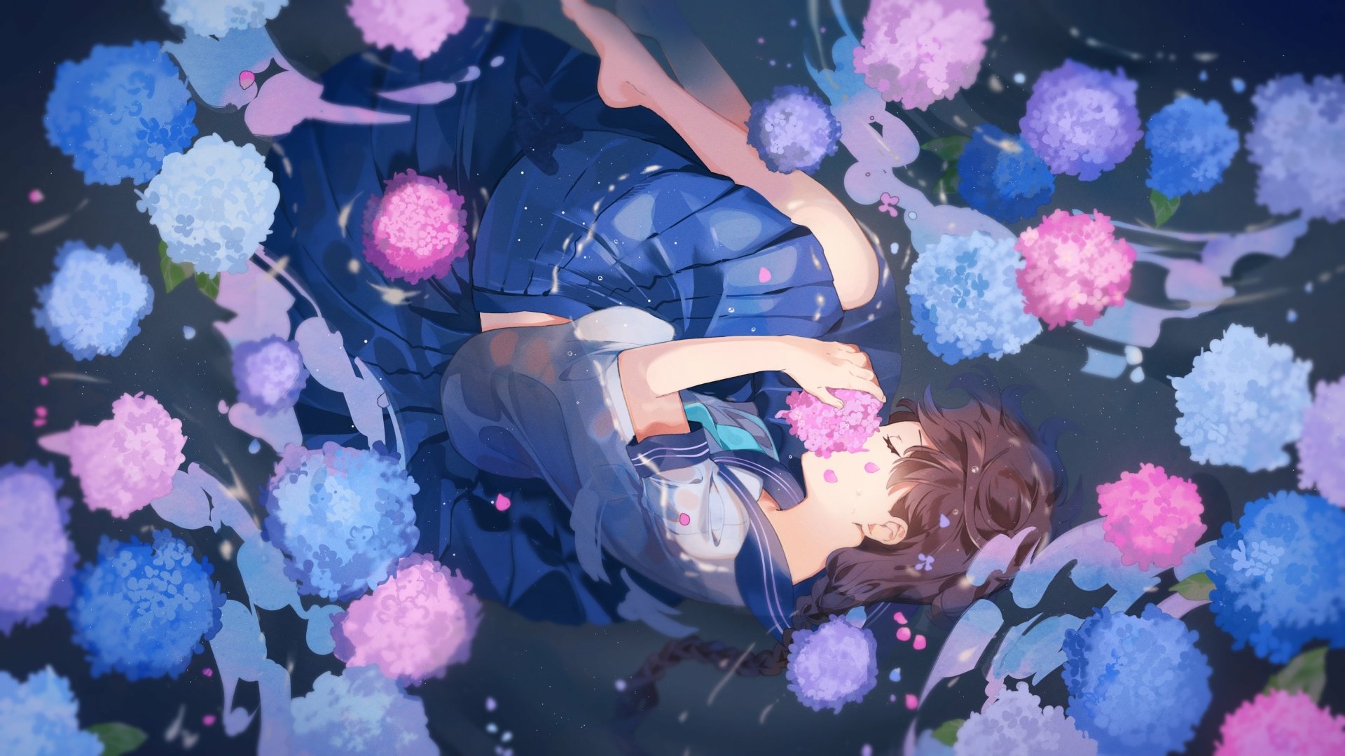 Anime-style original 4K Ultra HD PC desktop wallpaper featuring a girl lying among vibrant blue and pink hydrangeas, blending soft colors with detailed shading.