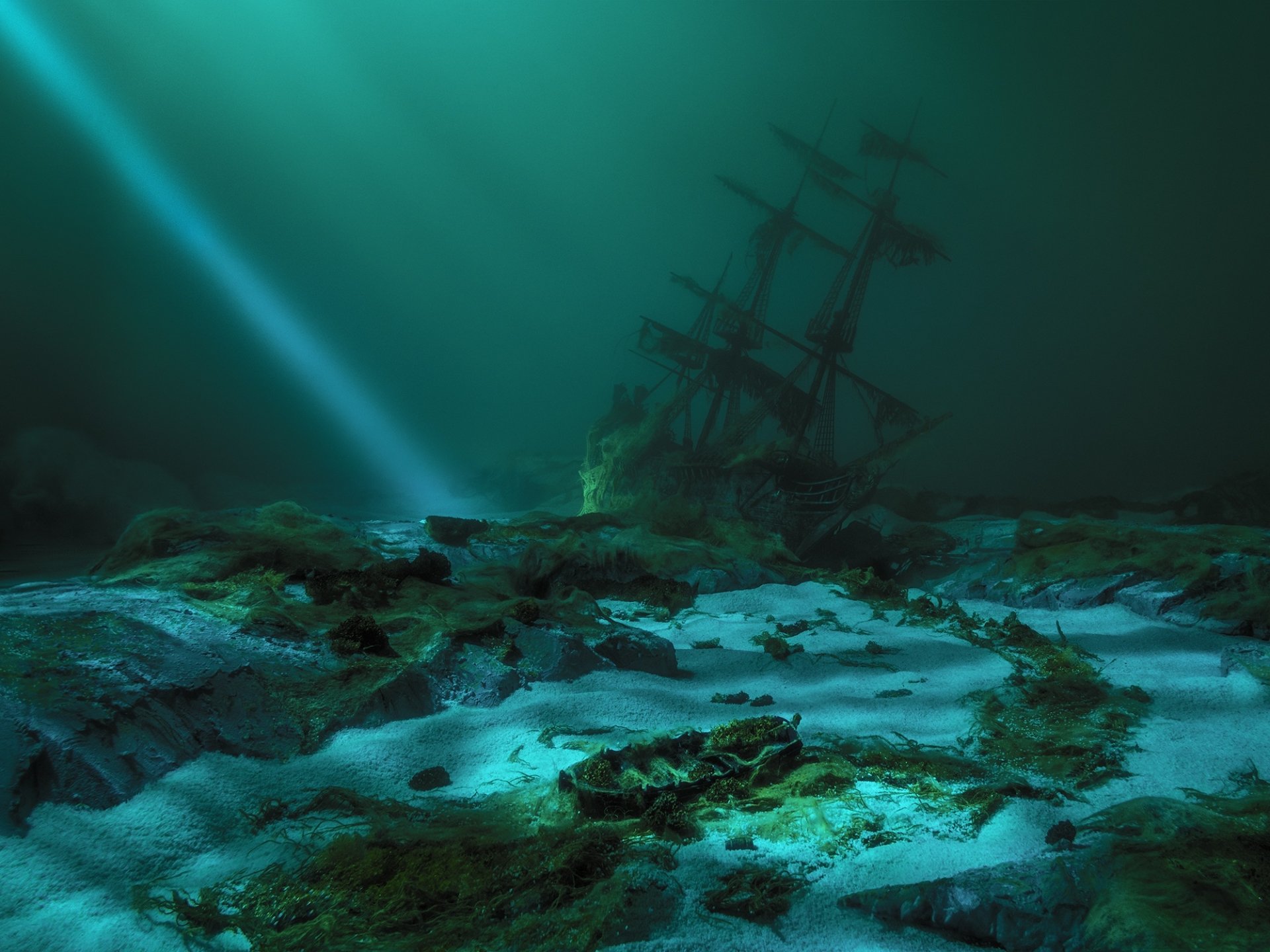 HD PC desktop wallpaper/background showing a shadowy sea bed with a sunken ship vehicle — a tall-masted shipwreck amid wreckage, bathed in blue-green light with a faint search beam.