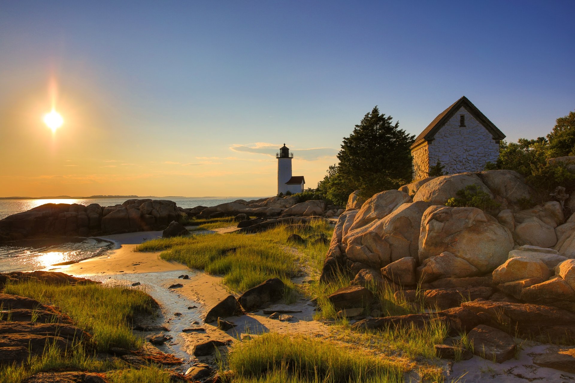 Download House Stone Sea Man Made Lighthouse 8k Ultra HD Wallpaper