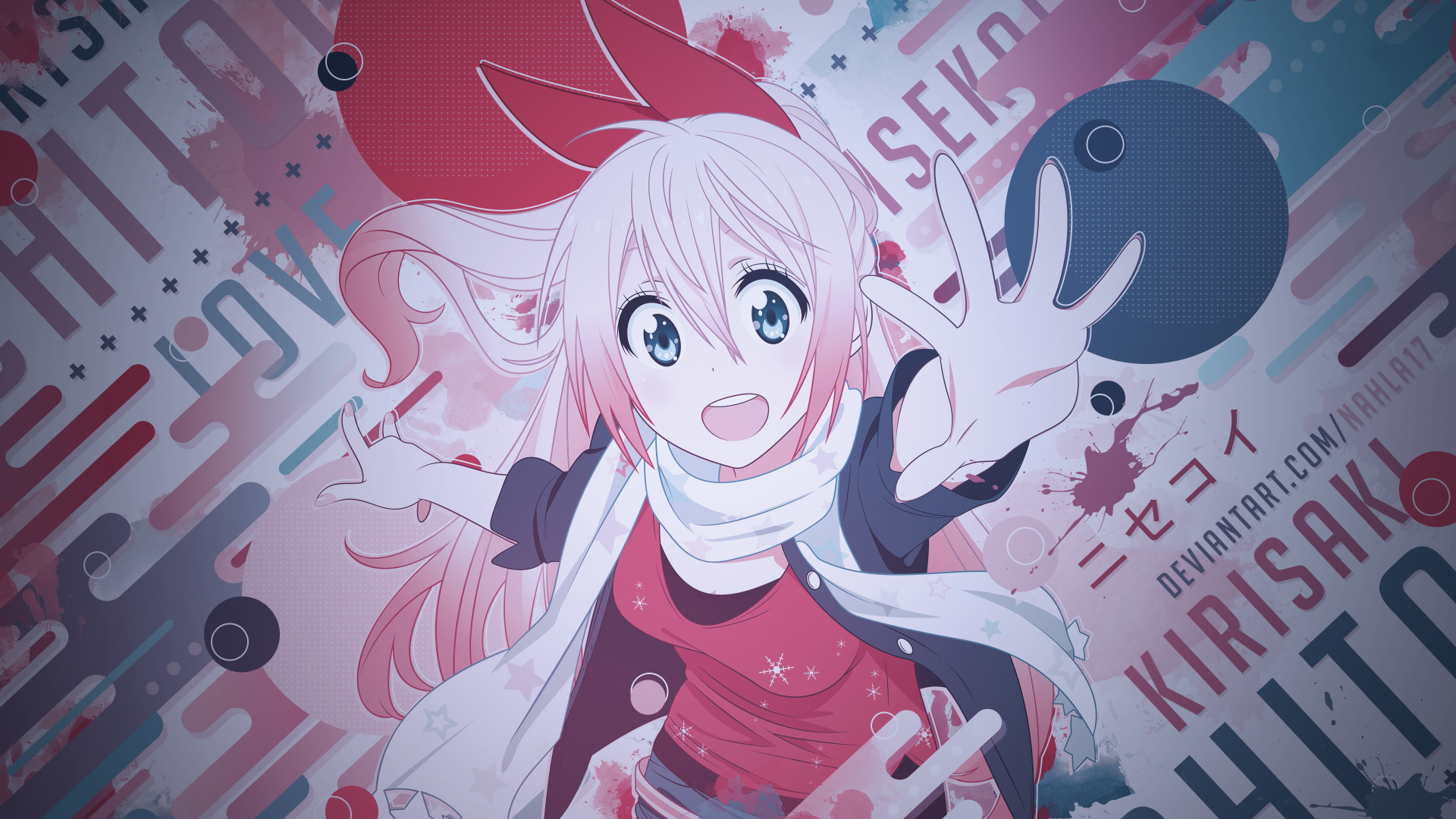 An HD desktop wallpaper featuring Chitoge Kirisaki from the anime Nisekoi. She is shown in an animated, colorful background with her hand reaching out, and her name and series title are displayed in the background.