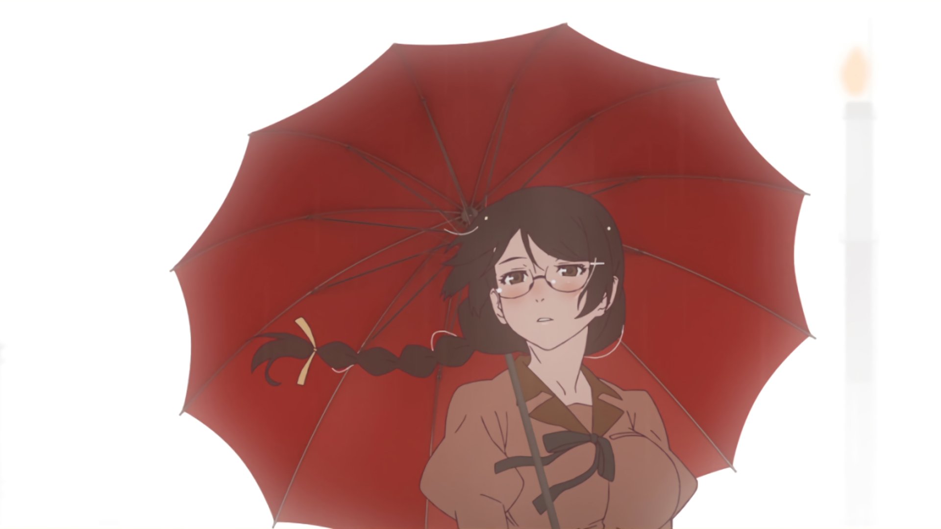 Tsubasa Hanekawa from Monogatari Series stands confidently holding a large red umbrella in this 4K Ultra HD anime desktop wallpaper.