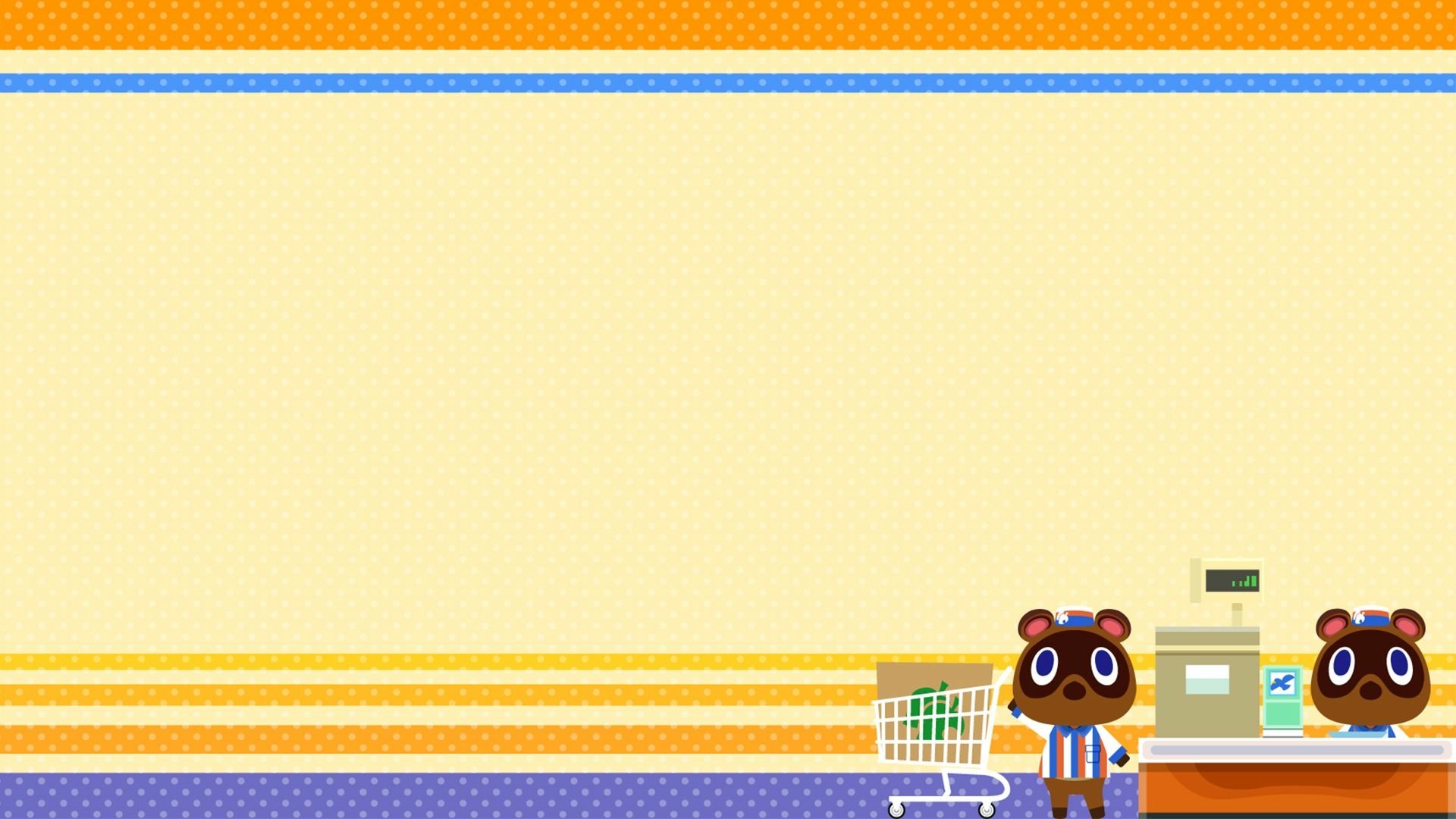 HD PC desktop wallpaper showing Tommy and Timmy (Animal Crossing: New Leaf) as video game characters at a shop counter with a shopping cart on a warm yellow patterned background.