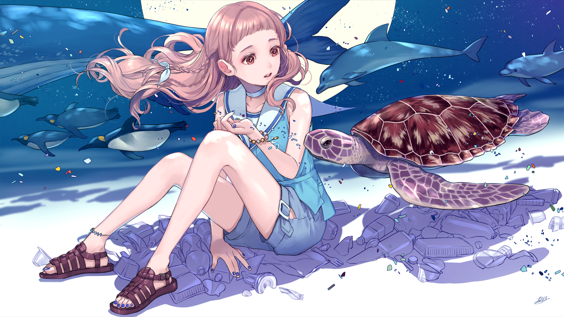 Anime-style HD PC desktop wallpaper featuring a young girl with pink hair sitting alongside a sea turtle and dolphins in an original underwater scene.