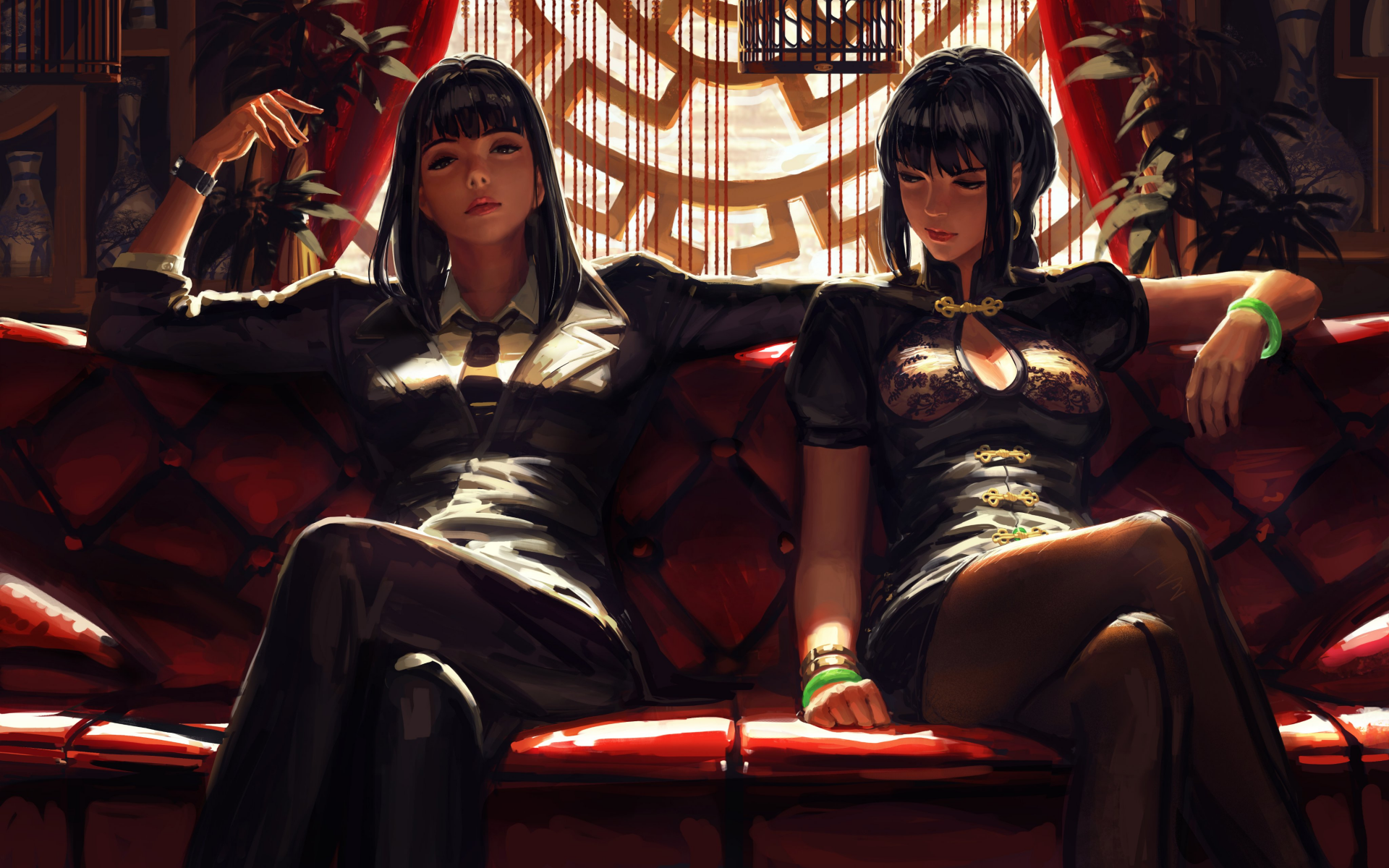 HD desktop wallpaper featuring two anime women sitting on a red couch in a dimly lit, stylish room with intricate decor.