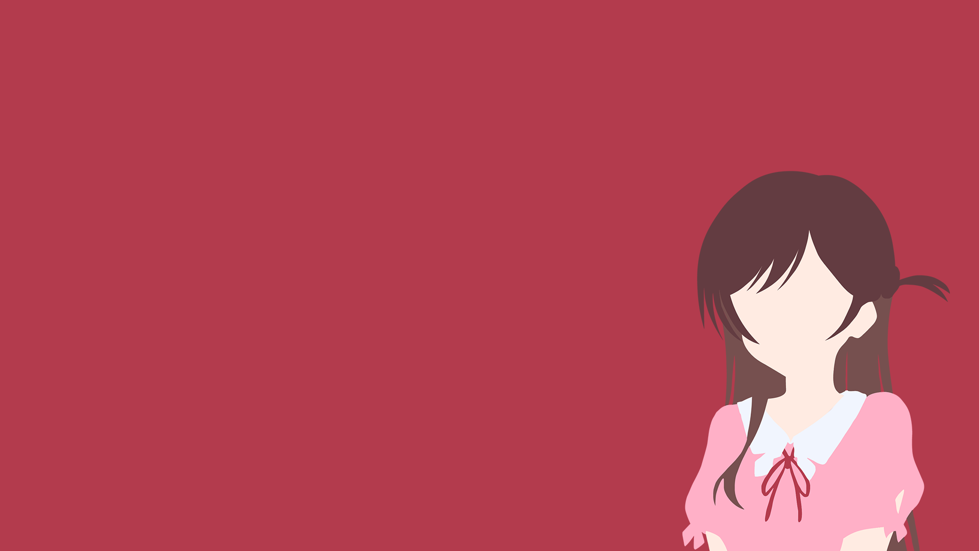 Minimalist red anime HD PC wallpaper of Chizuru Ichinose (Rent-A-Girlfriend): faceless stylized portrait in pink school uniform on solid red background.