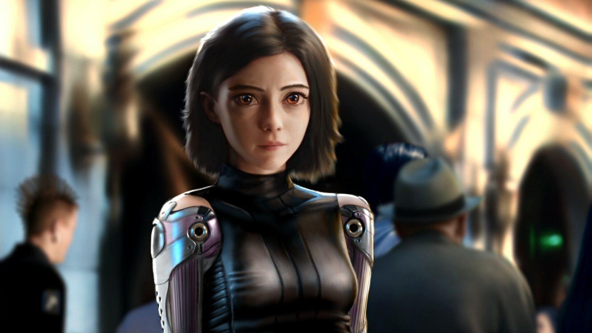 Alita (Alita: Battle Angel) portrait in cybernetic armor, soft-lit HD PC desktop wallpaper background with blurred crowd and futuristic archway.