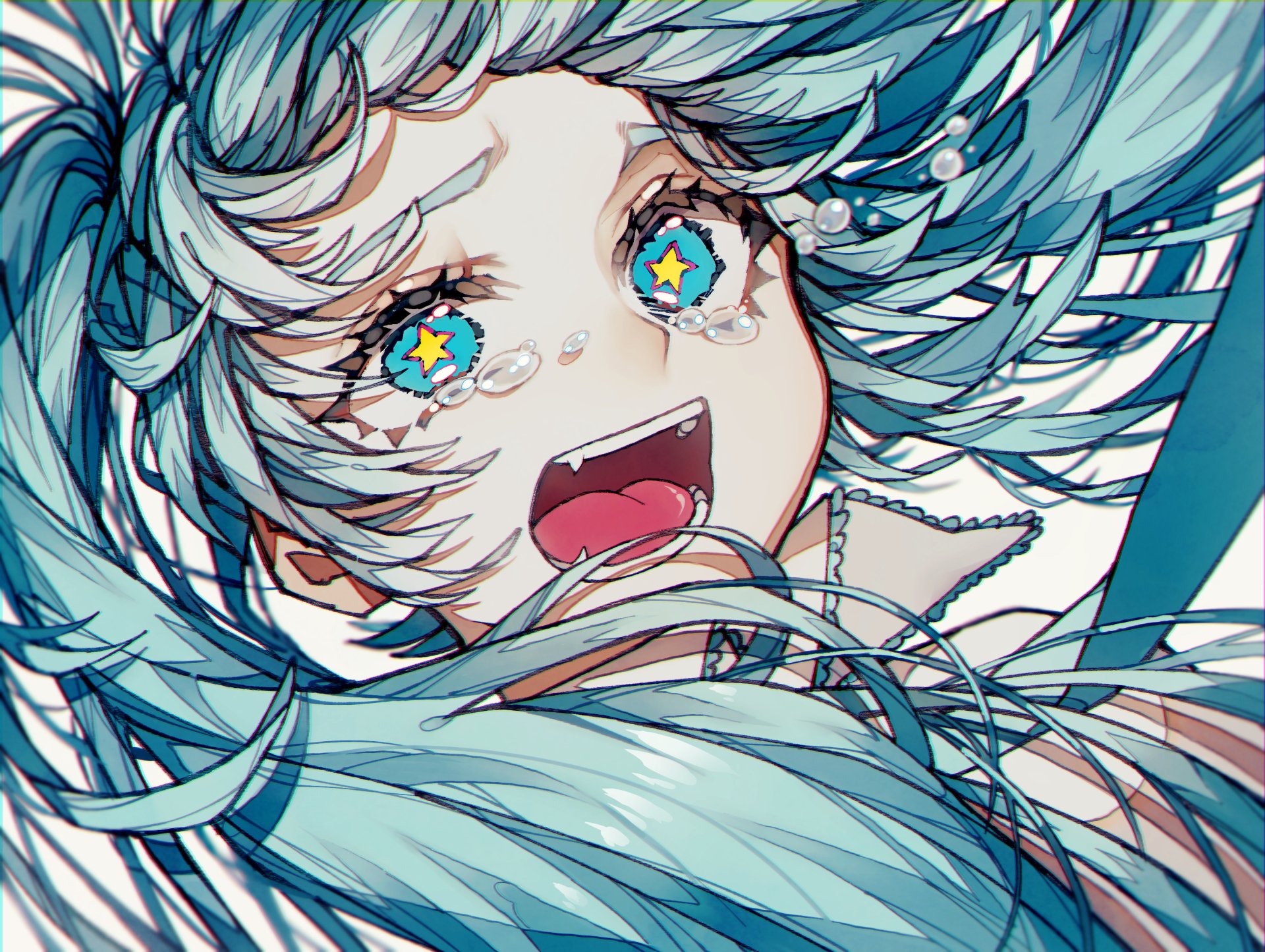 HD anime wallpaper featuring Hatsune Miku with vibrant teal hair and expressive starry eyes, capturing the iconic Vocaloid character's dynamic energy.