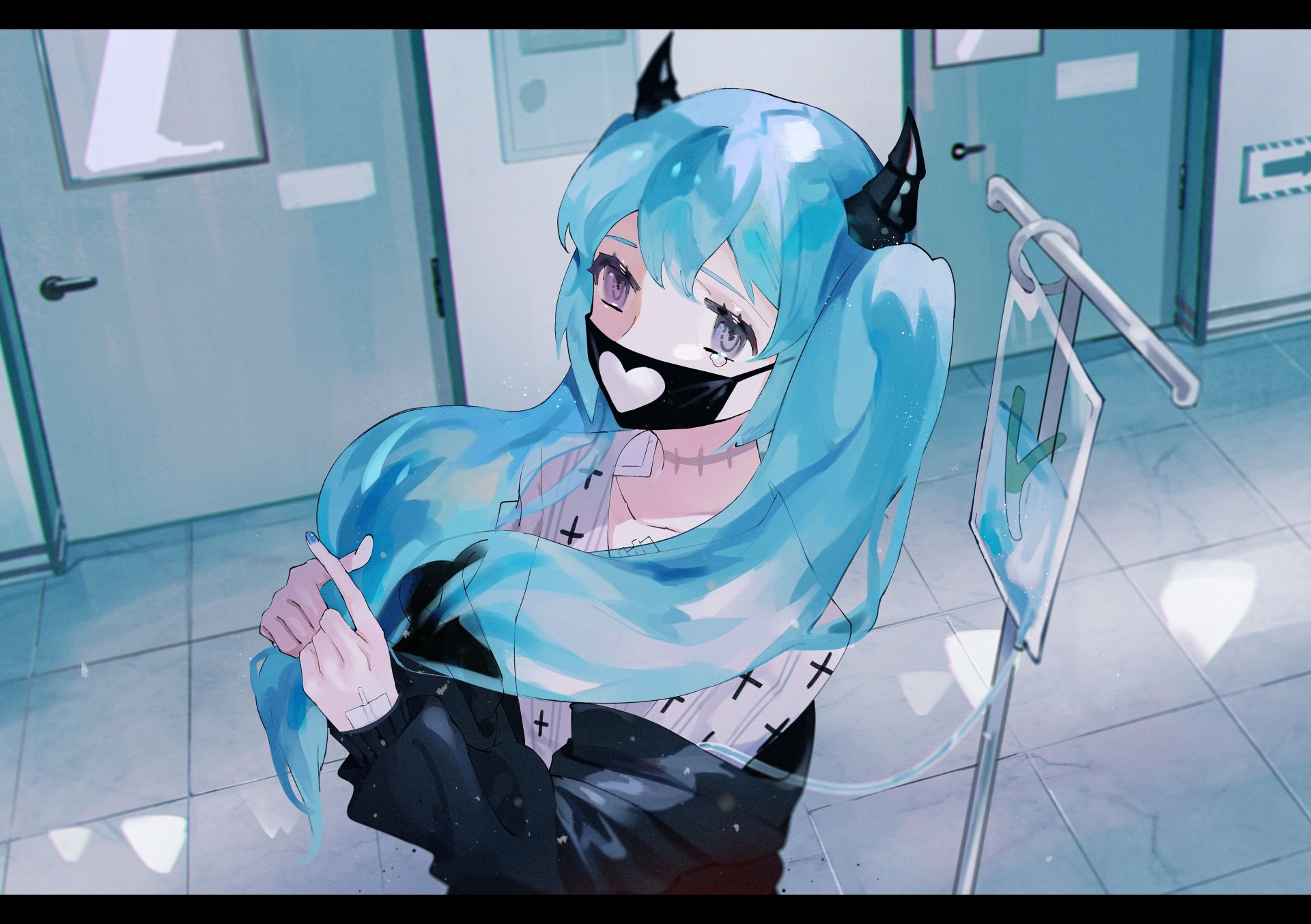 Hatsune Miku (Vocaloid) anime with teal twin-tails in a black outfit, wearing a heart mask and holding scissors beside an IV stand in a hospital room — 4K Ultra HD PC wallpaper/background.