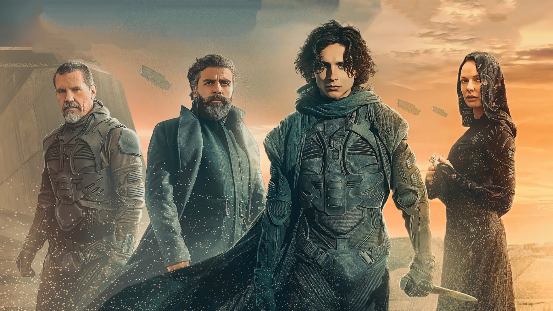 HD PC desktop wallpaper featuring Rebecca Ferguson, Josh Brolin, Oscar Isaac, and Timothée Chalamet from the movie Dune (2021) against a desert backdrop.