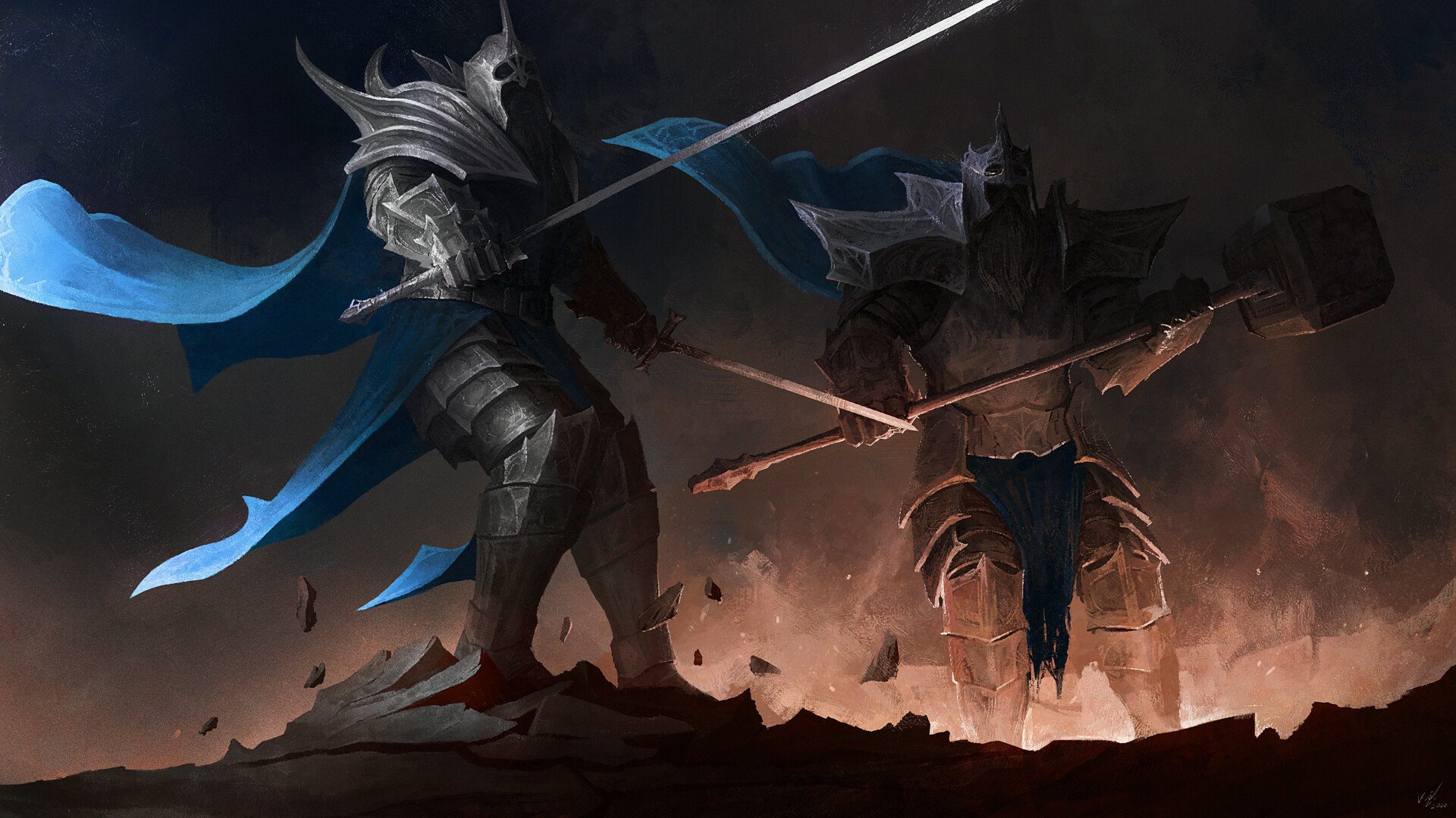 HD PC desktop wallpaper and background: fantasy warrior duel — two armored warriors clash on a scorched plain, one with a flowing blue sash, embers and a stormy, dark sky.