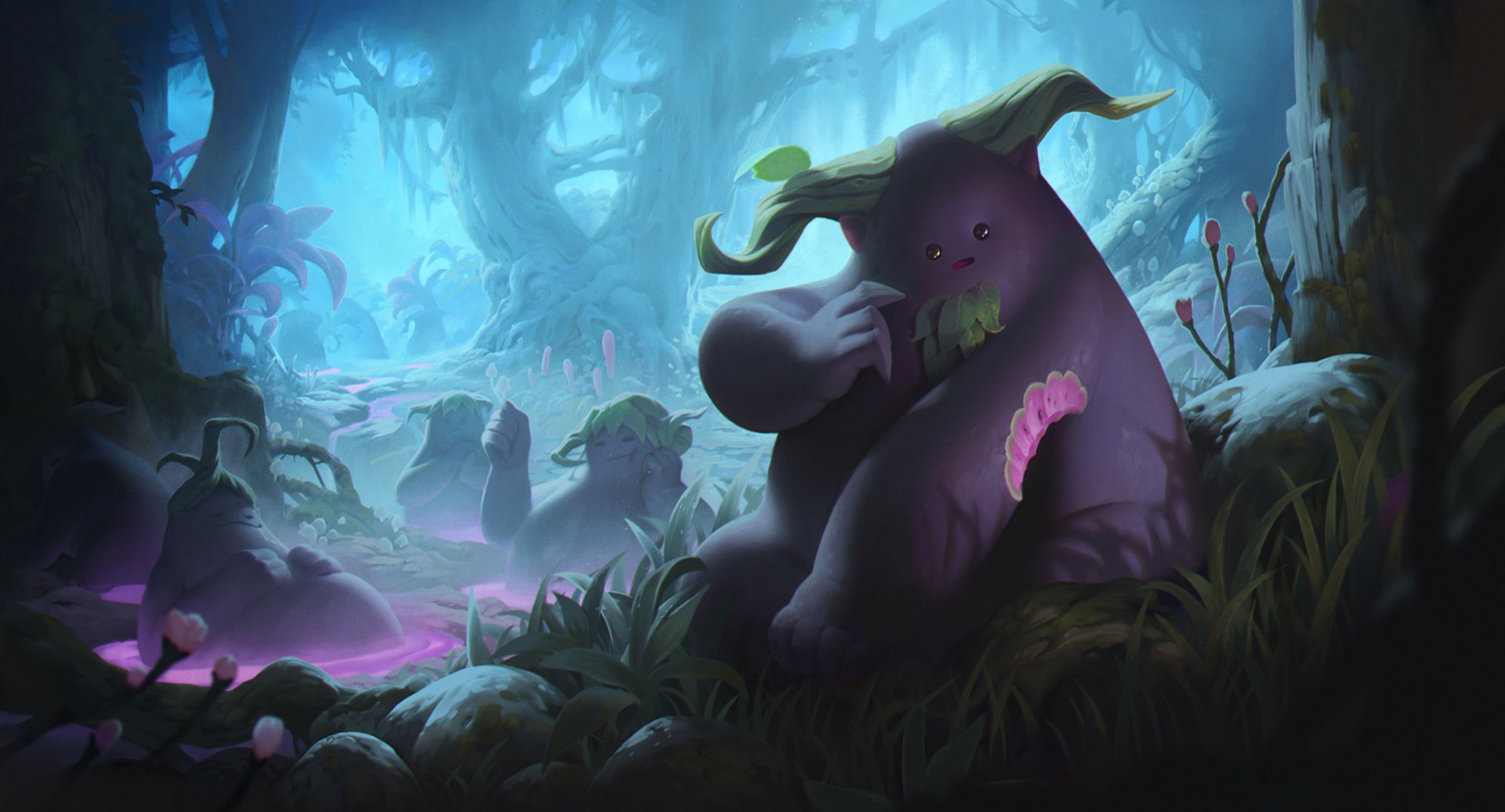 HD PC desktop wallpaper for the video game Legends of Runeterra: a plump purple forest creature munches a leaf in a misty, bioluminescent woodland.