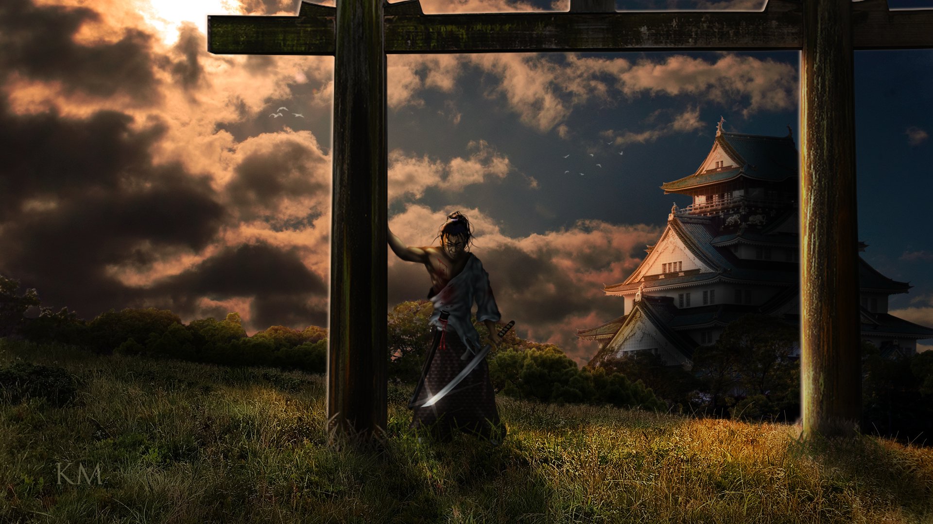 HD PC desktop wallpaper of a samurai beneath a wooden torii at dusk, sword drawn before a fantasy Japanese castle, dramatic clouds and golden light.