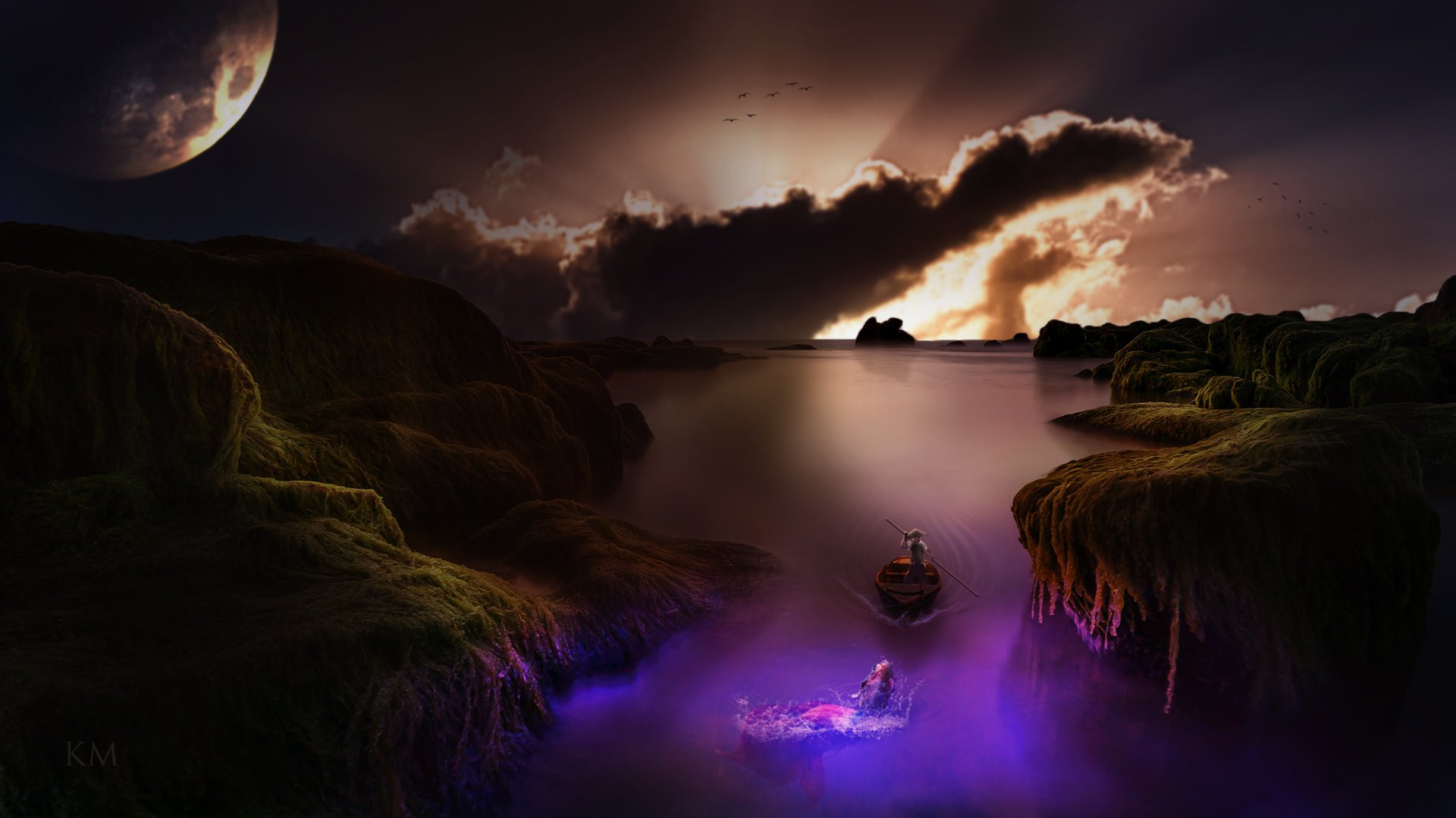 A fantasy landscape at night featuring a glowing river with a small boat, steep grassy cliffs, a large moon, and a dramatic cloudy sky, rendered as an HD PC desktop wallpaper.