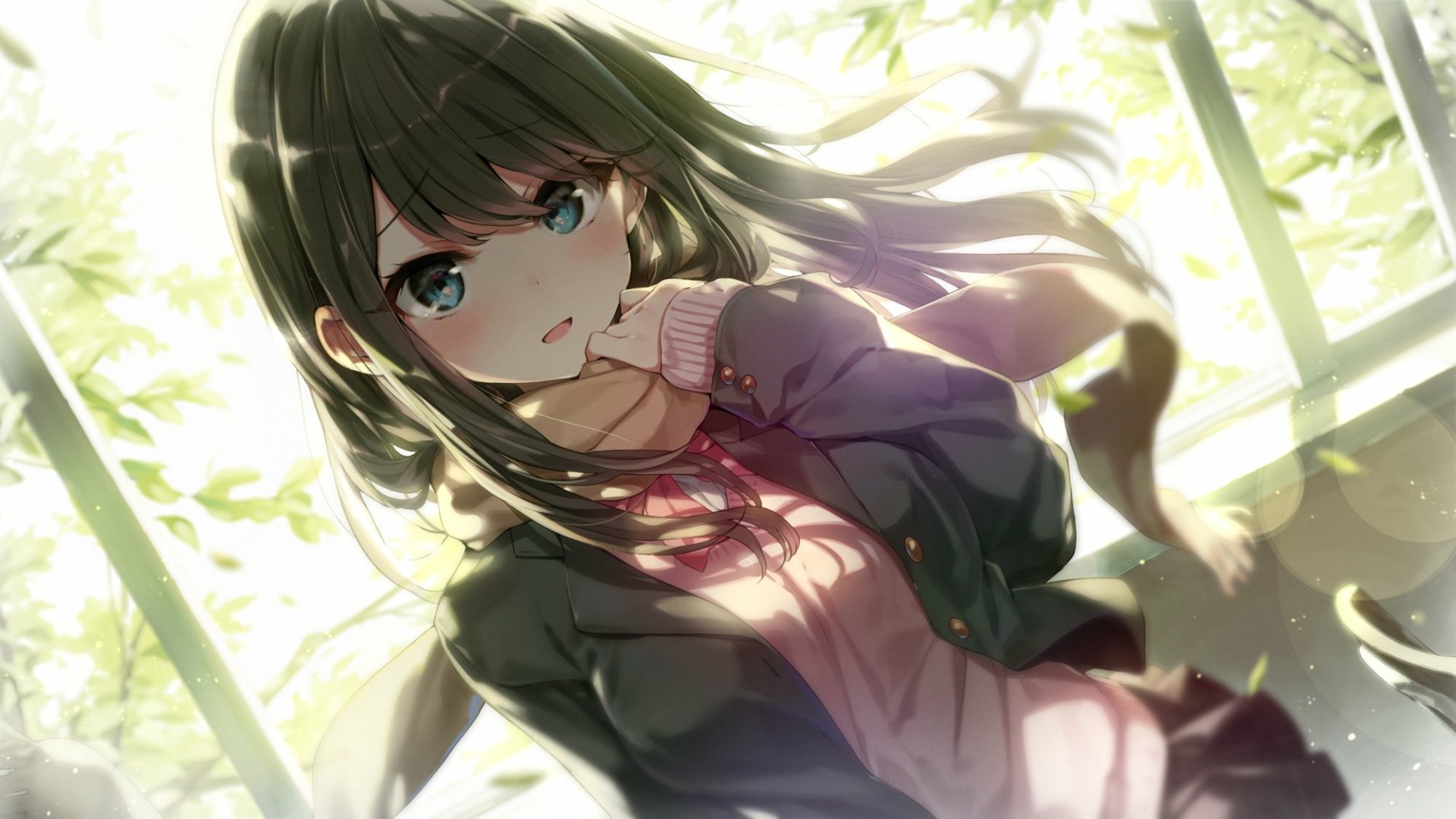 Anime original HD PC desktop wallpaper background showing a windblown schoolgirl with dark green hair and teal eyes, wearing a cardigan and pink sweater amid sunlit leaves.