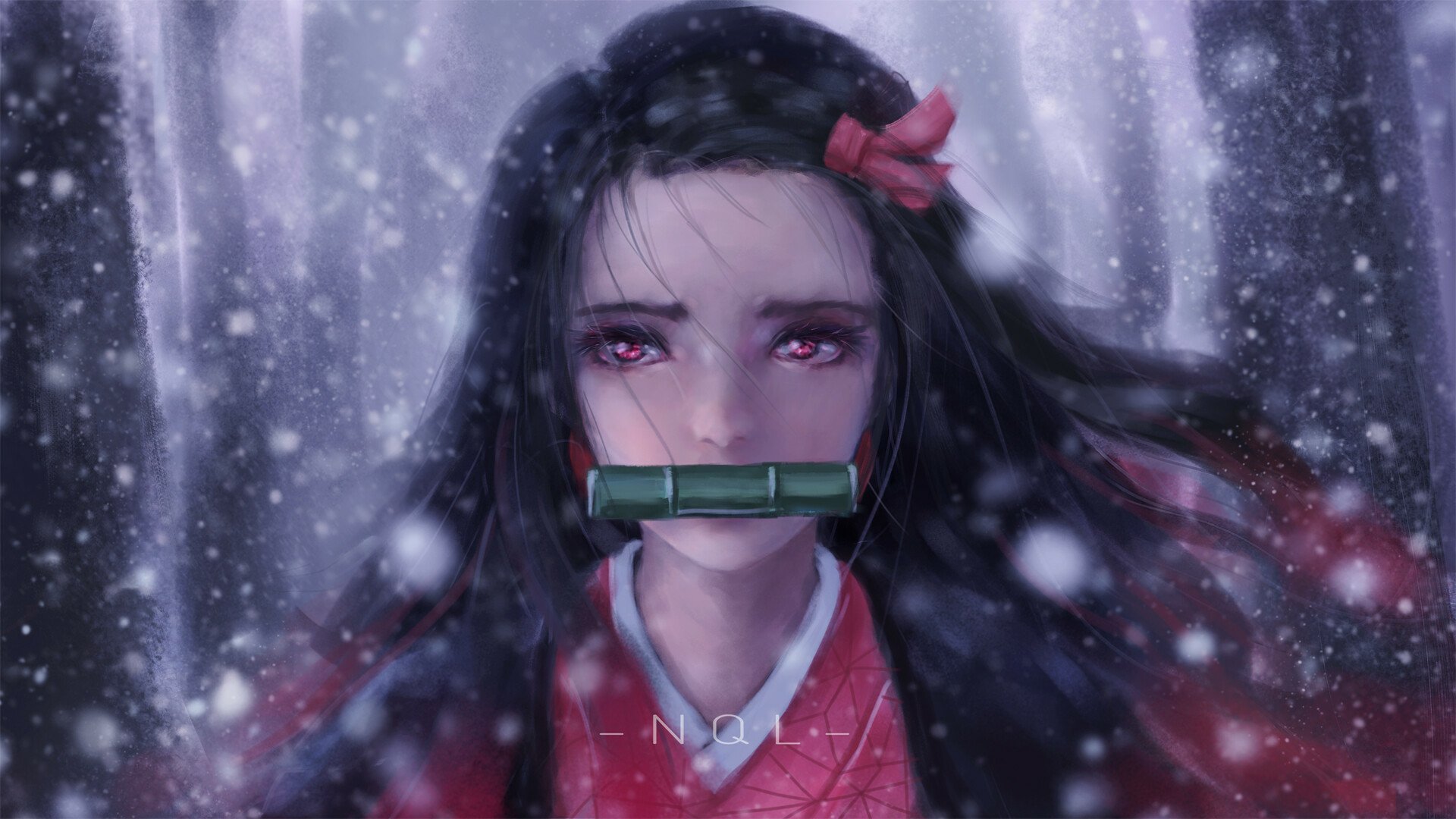 HD PC desktop wallpaper featuring Nezuko Kamado from Demon Slayer: Kimetsu no Yaiba, with snow falling softly around her in a moody, atmospheric scene.