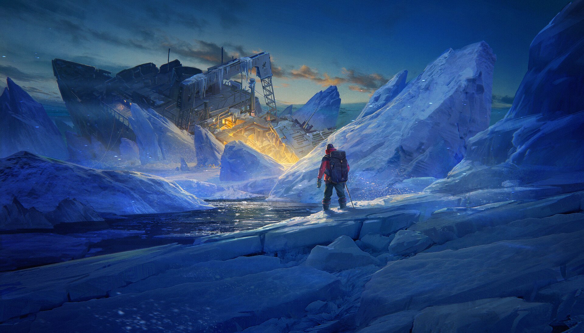 A lone adventurer explores a shipwrecked vehicle amid icy, jagged terrain, captured in a vivid HD PC desktop wallpaper showcasing an intense adventure and wreck scene.