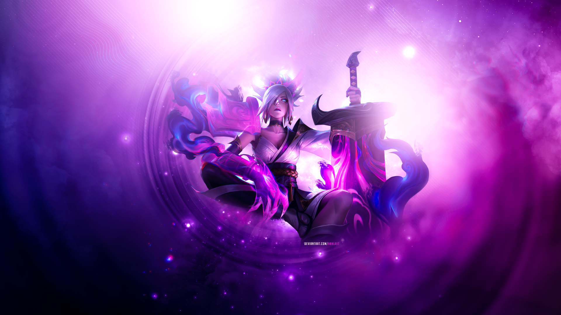 Riven from the video game League of Legends, bathed in purple energy, levitating with her broken sword amid swirling cosmic light — 4K Ultra HD PC desktop wallpaper.