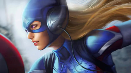 A genderbend Captain America with blonde hair and striking purple eyes, rendered in vibrant 4K Ultra HD comic style for PC desktop wallpaper.