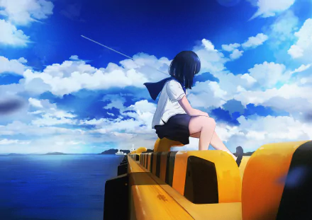 Anime-style girl with short black hair in a uniform sits on a yellow structure under a vibrant blue sky filled with clouds, rendered in 4K Ultra HD for PC desktop wallpaper.