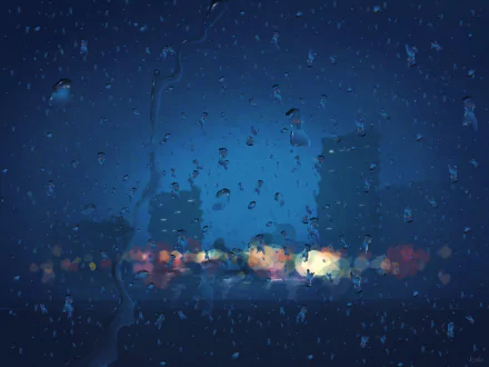 HD anime desktop wallpaper showing a nighttime cityscape blurred by raindrops on a window, capturing a serene rain-soaked atmosphere.