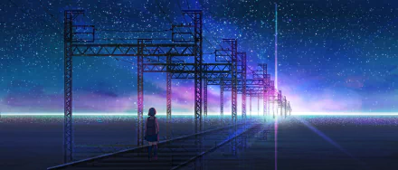 Anime-style HD desktop wallpaper depicting a night scene with a starry sky over the sea, featuring silhouetted railway structures and a solitary figure on the tracks.