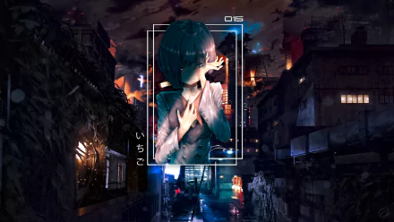 HD anime desktop wallpaper featuring Ichigo from Darling in the FranXX with blue hair against a dark, futuristic cityscape at night.