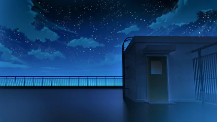 Anime-style night scene featuring a starry sky above a rooftop building, captured in high-definition as a PC desktop wallpaper and background.
