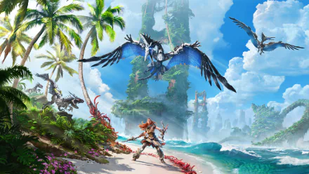 Aloy from Horizon Forbidden West stands ready on a tropical beach as mechanical flying creatures soar overhead in this 4K Ultra HD PC desktop wallpaper.
