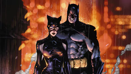 DC Comics 4K Ultra HD wallpaper featuring Catwoman and Batman standing together against a fiery, rain-soaked background in a dramatic comic style.