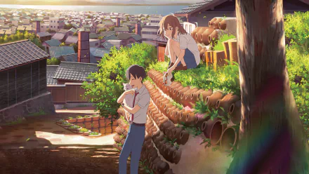 A serene scene from A Whisker Away, featuring Kento Hinode and Miyo Sasaki against a backdrop of a vibrant, sprawling town, capturing a moment of connection and tranquility.