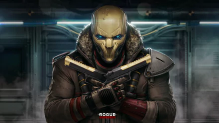 HD desktop wallpaper of a Rogue Company character in a golden mask and tactical gear, with ROGUE text, set against a hi-tech backdrop.