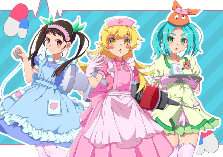 4K Ultra HD anime wallpaper featuring Mayoi Hachikuji, Shinobu Oshino, and Yotsugi Ononoki from the Monogatari series in colorful nurse-themed outfits.