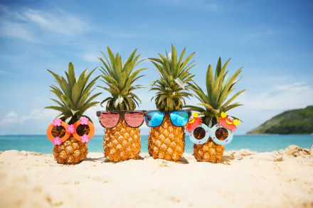 Four pineapples wearing colorful sunglasses sit on a sandy beach with a bright blue sky and ocean in the background, creating a vibrant HD desktop wallpaper.