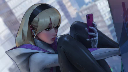 A striking 4K Ultra HD desktop wallpaper featuring Spider-Gwen, depicted as a blonde character, sitting and using her phone against a city backdrop.