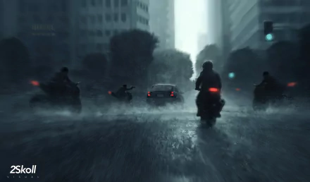 Artistic 4K Ultra HD PC desktop wallpaper of motorcycles and a car cutting through rain-soaked city streets, blurred lights and reflective wet pavement.