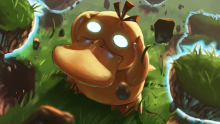 HD anime-style desktop wallpaper featuring Psyduck from Pokémon with glowing eyes, surrounded by floating grassy platforms in a vibrant, dynamic scene.