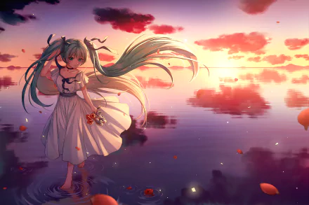 Anime-style HD PC desktop wallpaper of Hatsune Miku standing in shallow water at sunset, surrounded by floating petals and vibrant clouds, featuring Vocaloid themes.