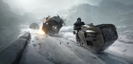 2K Quad HD PC wallpaper — sci‑fi winter chase: futuristic vehicles racing on a snow-covered road, one skidding with sparks and debris across icy mountains.