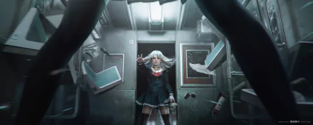 Anime-style woman with white hair and skirt inside a dimly lit train carriage, reaching forward as objects float around her in this HD PC desktop wallpaper.