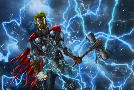 HD comic-style PC desktop wallpaper featuring Thor wielding his hammer amid a storm of vivid blue lightning bolts.