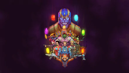 HD desktop wallpaper featuring characters from Avengers: Endgame. Captain Marvel, Nebula, Ant-Man, Black Widow, Hulk, Hawkeye, Thor, Iron Man, Captain America, Rocket Raccoon, and Thanos are depicted vividly.