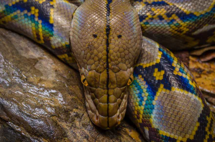 Close-up of a colorful python snake (animal) coiled on rocks, detailed green, yellow and blue scales — HD PC desktop wallpaper background.
