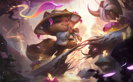 HD PC desktop wallpaper of Teemo (League of Legends), video game art: whimsical scout in a mushroom hat amid glowing petals, lanterns and soft forest light.