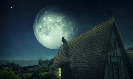 roof moon night Animal cat HD Desktop Wallpaper | Background Image