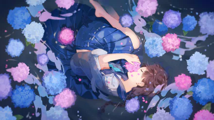Anime-style original 4K Ultra HD PC desktop wallpaper featuring a girl lying among vibrant blue and pink hydrangeas, blending soft colors with detailed shading.
