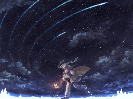 Anime girl holding a glowing lamp walks under a starry night sky filled with shooting stars, creating a fantasy-themed HD PC desktop wallpaper background.