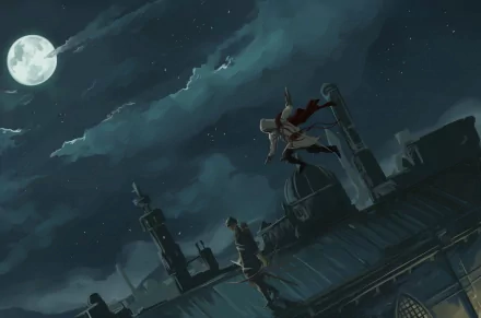 A dynamic scene from Assassin's Creed II features a cloaked figure leaping across rooftops under a moonlit sky, capturing the essence of adventure in this HD PC desktop wallpaper.